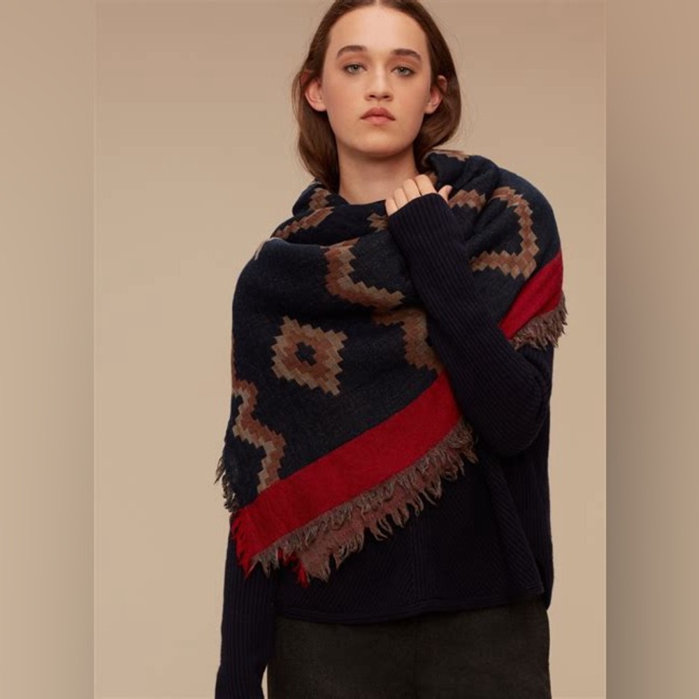 Aritzia Navy, Red & Brown Geometric Fringe Wrap Scarf